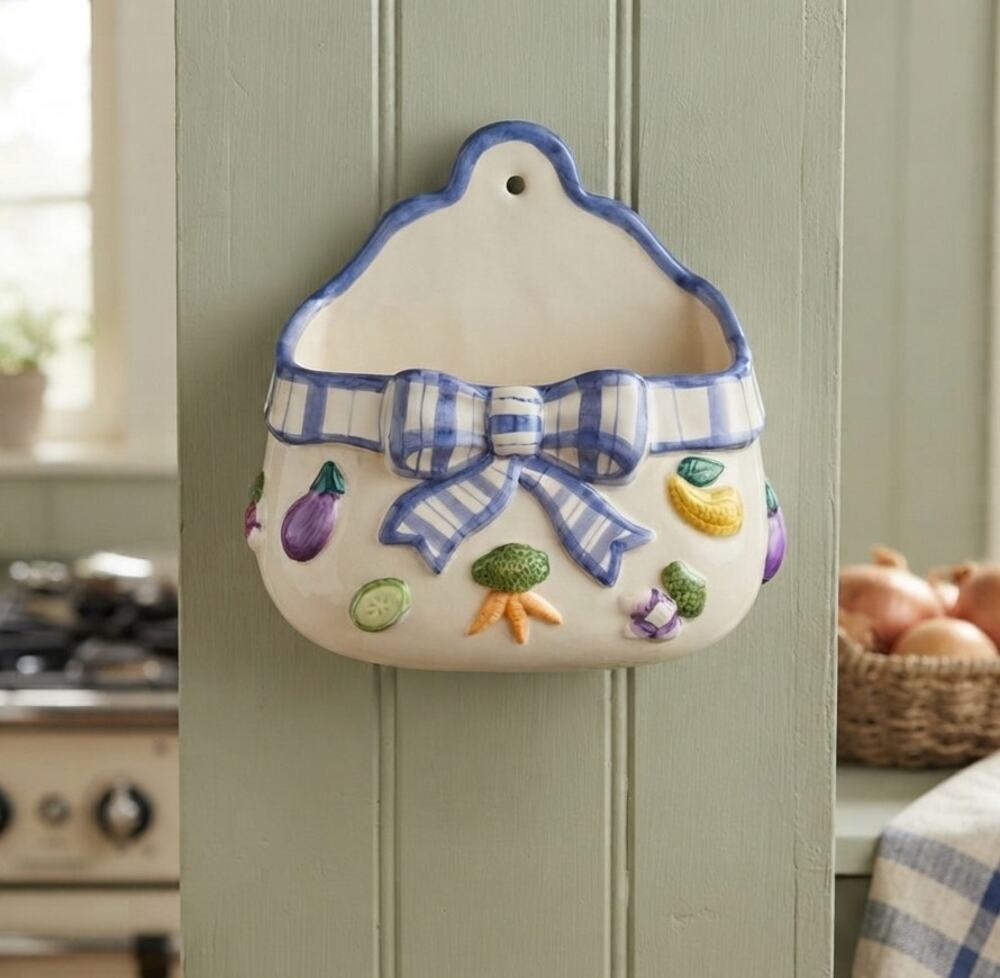 Vintage Fitz and Floyd Ceramic Gingham Bow Vegetable Wall Pocket Planter